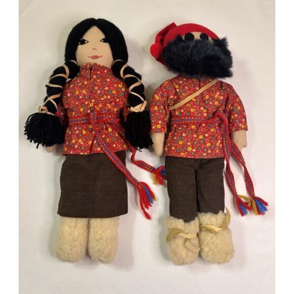 Vintage Alaskan Native Style Cloth Dolls Pair 12” Folk Art Indigenous ArcticBoho